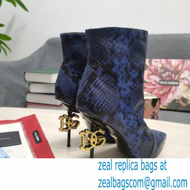 Dolce  &  Gabbana Thin Heel 10.5cm Leather Ankle Boots Snake Print Blue with Baroque DG Heel 2021